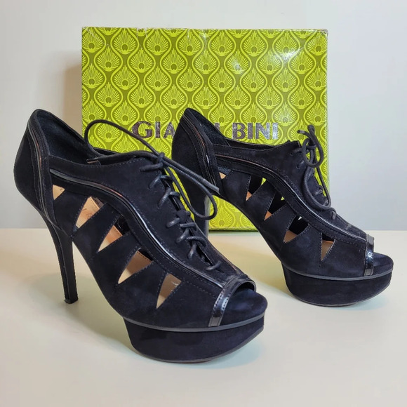 Gianna Bini Aileena Black Platform Peep Toe Bootie Size Women's 7.5 with Box - Picture 4 of 13